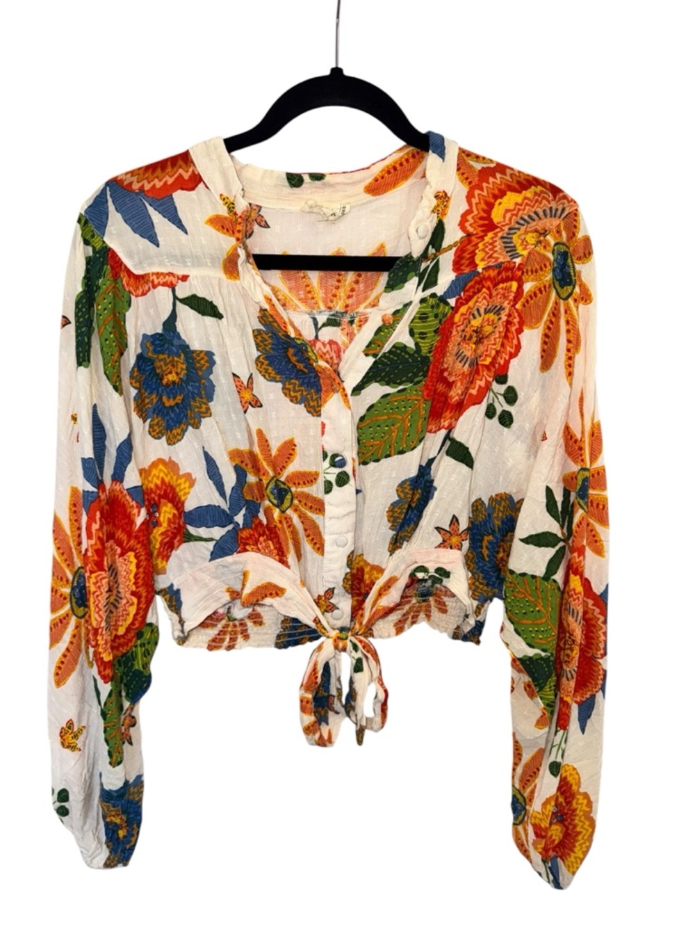 Nicole Miller White Floral Tie-Front Blouse with Orange, Blue & Green Print